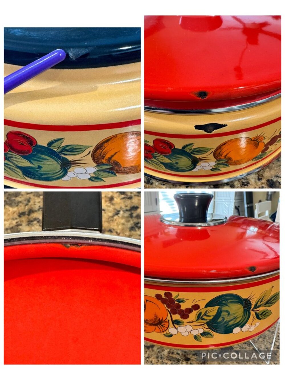 Fancipan Enamel Saucepan Lid Red Vegetable Design Metal Handle Kitchen Decor Vtg - Picture 6 of 16